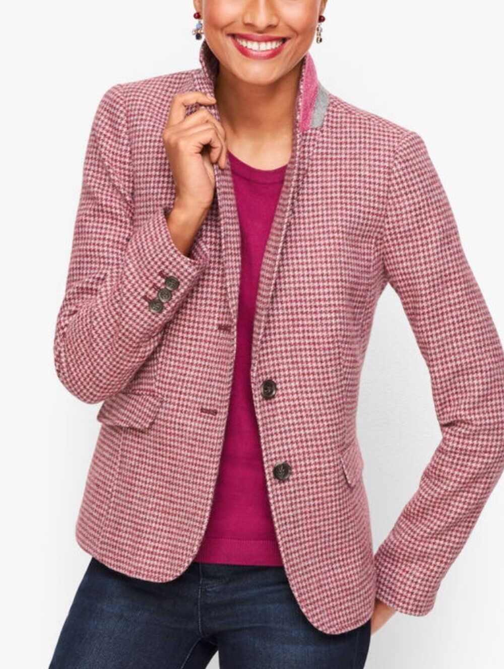 Talbots Pink Burgundy Jackets Shetland Wool Blazer - Hound tooth 14